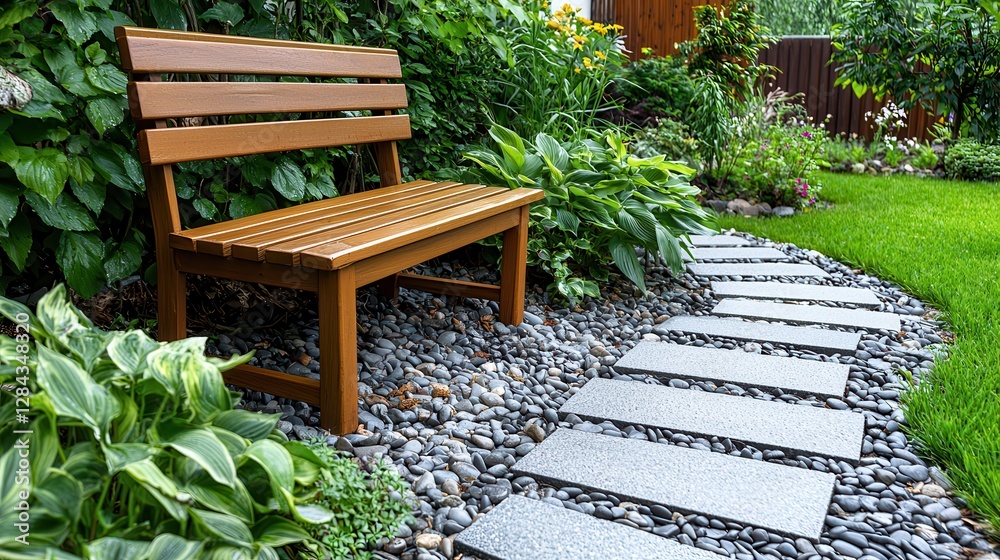 Digital detox promotes relaxation and the power to unplug. Wooden bench beside a stone path in a lush garden setting. Digital detox promotes relaxation and the power to unplug. Wooden bench beside a stone path in a lush garden setting.