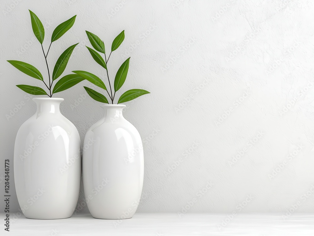 Elegant white vases with fresh green leaves enhancing a minimalist space. Elegant white vases with fresh green leaves enhancing a minimalist space.