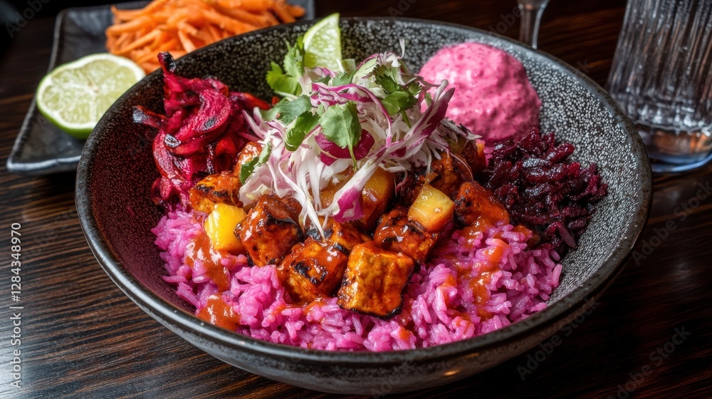 Colorful Poke Bowl with Rice Vegetables and Tofu on Rustic Table in Restaurant Colorful Poke Bowl with Rice Vegetables and Tofu on Rustic Table in Restaurant