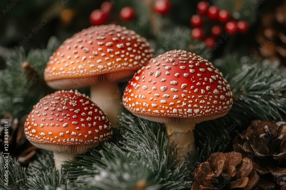 Obraz premium Vibrant mushrooms with distinctive caps nestled among pine needles and cones in a winter setting