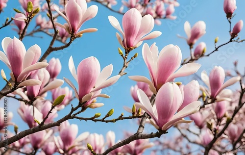 A close-up of a magnolia tree in bloom with blue sky in the background