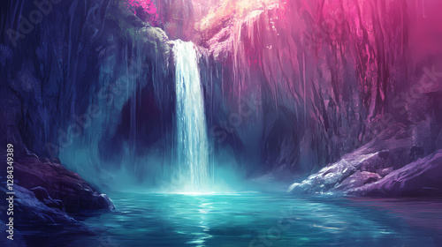 Wallpaper Mural Glowing waterfall cave lake fantasy background. Mystical Waterfall Cave. Illustration Torontodigital.ca
