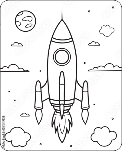 A detailed cartoon rocket launching into space for an exciting adventure flight toward the stars.