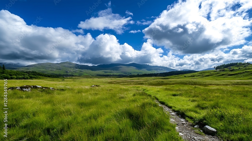 Beautiful panoramic view of lush green meadows under a dramatic cloudy sky in the mountains : Generative AI Beautiful panoramic view of lush green meadows under a dramatic cloudy sky in the mountains : Generative AI