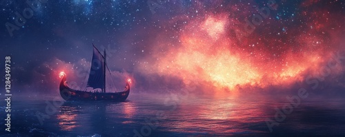 Ancient viking ship sailing under starry night sky with glowing nebula on horizon