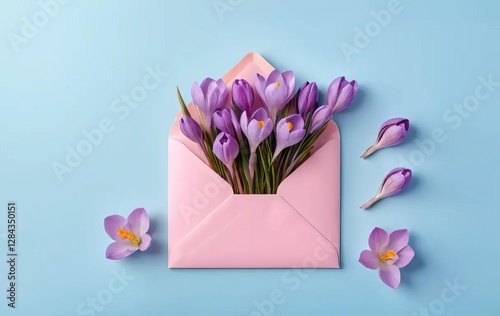 A pink envelope with a floral design on a blue background