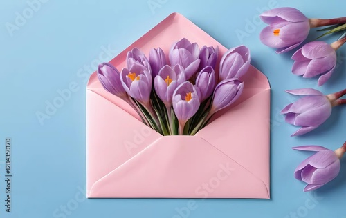 A pink envelope with a floral design on a blue background
