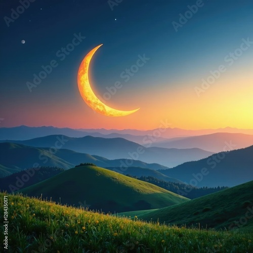Shimmering gold crescent moon over rolling hills, scenery, crescent moon, serene