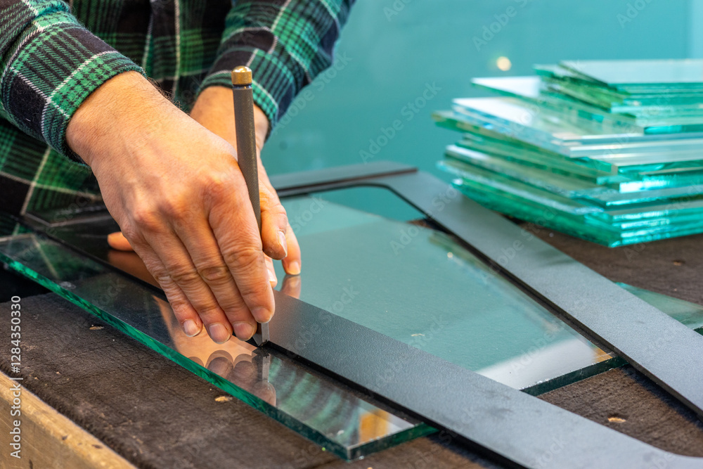 Work in a glass factory. A glazier cuts glass.