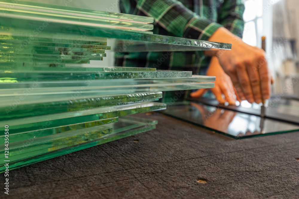Work in a glass factory. A glazier cuts glass.