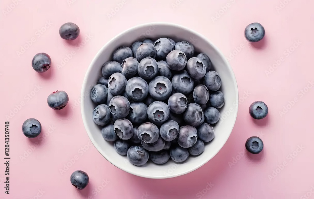 A white bowl filled with ripe blueberries on a pink background A white bowl filled with ripe blueberries on a pink background