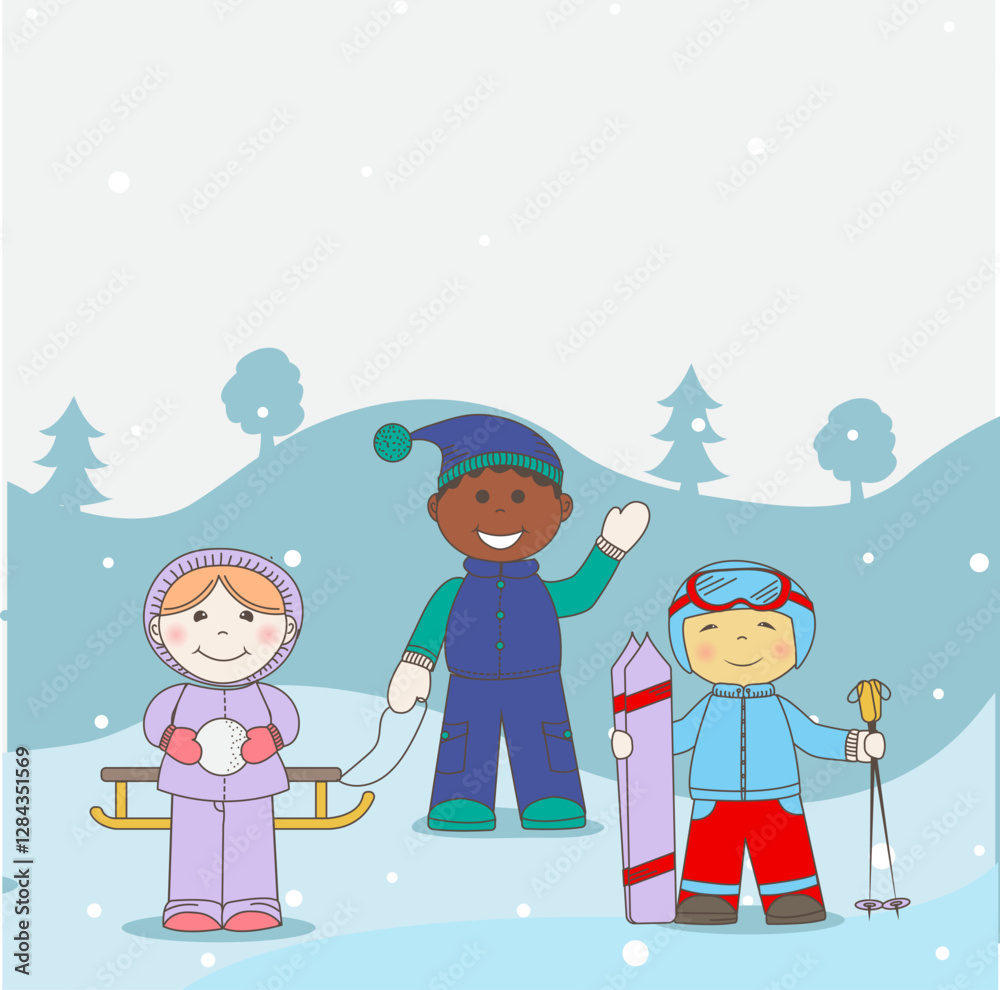 CChildren in the forest in winter, children with sleds, children in warm clothes, girl making snowball, boy with skis CChildren in the forest in winter, children with sleds, children in warm clothes, girl making snowball, boy with skis