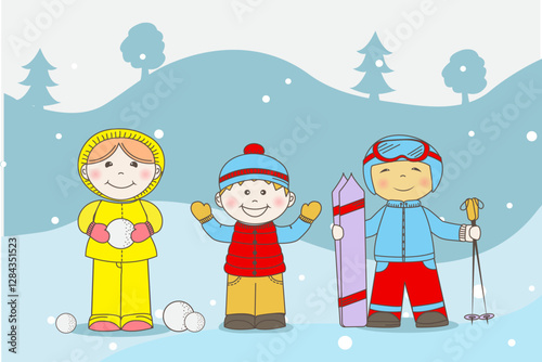 Winter forest, children in winter in the forest, cheerful baby, child in winter, child in a jacket, snowballs