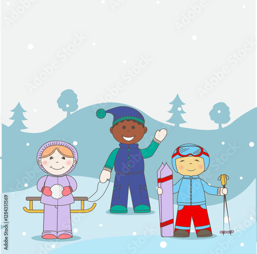 CChildren in the forest in winter, children with sleds, children in warm clothes, girl making snowball, boy with skis
