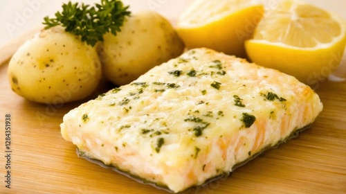 Cooked Salmon Fillet with Baked Potatoes and Lemon Wedges on a Wooden Board