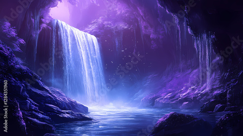 Wallpaper Mural Surrealistic purple-blue landscape with waterfalls and caves. Mystical Waterfall Cave. Illustration Torontodigital.ca