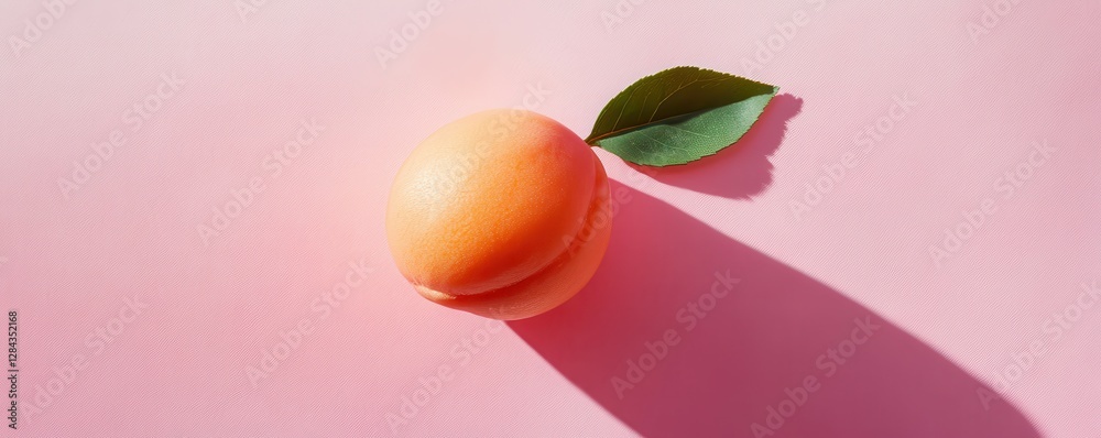 Fresh apricot with leaf casting shadow on pink surface Fresh apricot with leaf casting shadow on pink surface