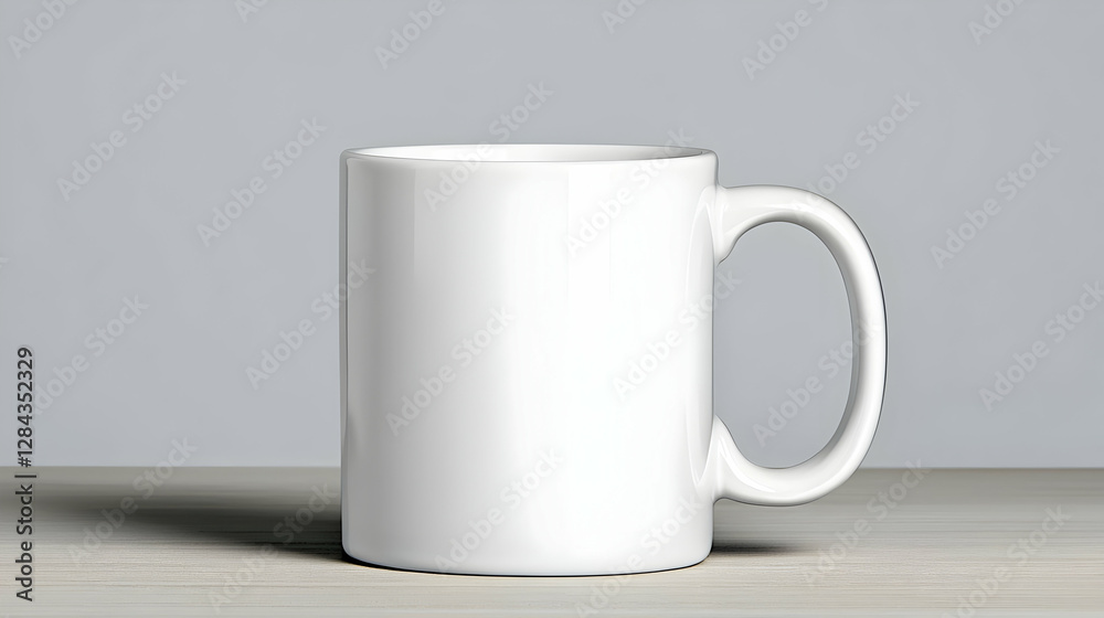 Fototapeta premium White mug on wooden table, neutral background, mockup