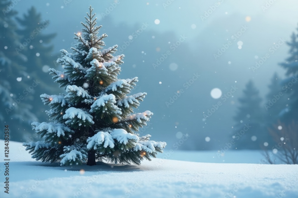 Snowflakes fall slowly around a solitary snow-covered fir tree, snowfall, branch, evergreen Snowflakes fall slowly around a solitary snow-covered fir tree, snowfall, branch, evergreen