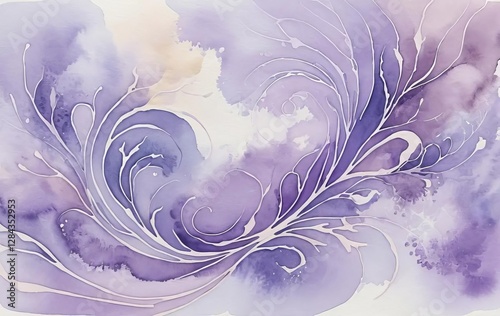 An abstract watercolor painting in shades of lavender and purple with swirling patterns
