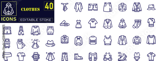 Set of outline icons related to clothes. Sweatshirt, hoody, pullover, bathsuit, jacket, evening dress, cardigan, trousers visualization vector illustration. 
