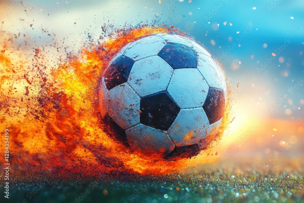 Naklejka premium Soccer ball igniting into flames while rolling on a vibrant field at sunset