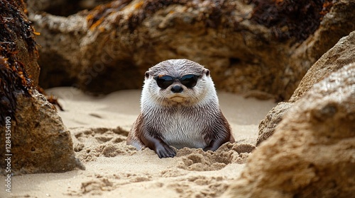 A stylishly accessorized otter enjoys its day at the riverbank under the sun, transmissions waves of playfulness