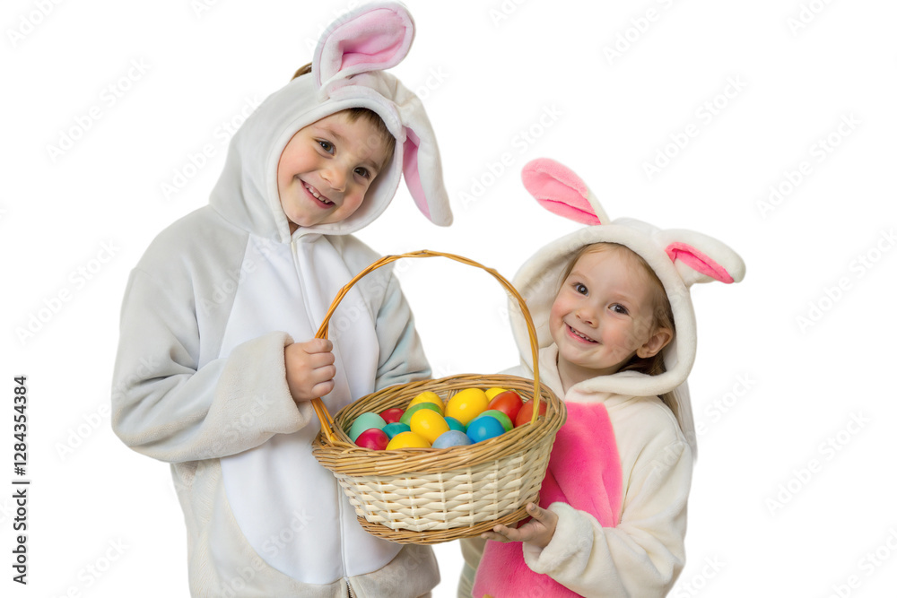 kids in bunny costumes with easter eggs kids in bunny costumes with easter eggs