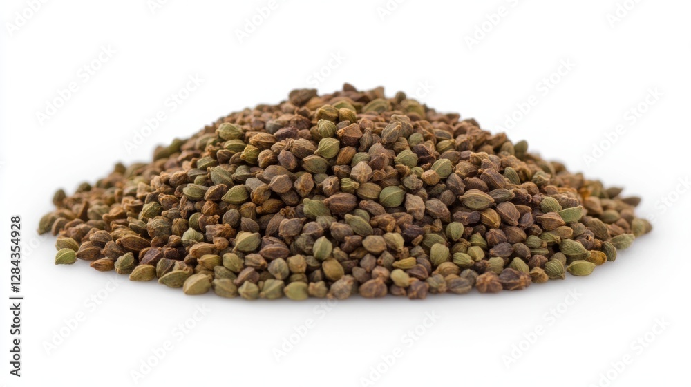 Pile of Brown and Green Buckwheat Seeds on White Background in Studio Shot Pile of Brown and Green Buckwheat Seeds on White Background in Studio Shot