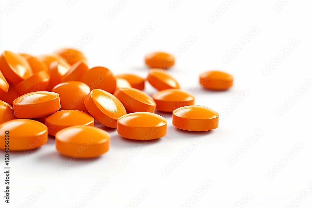 Orange pills scattered on white background Orange pills scattered on white background