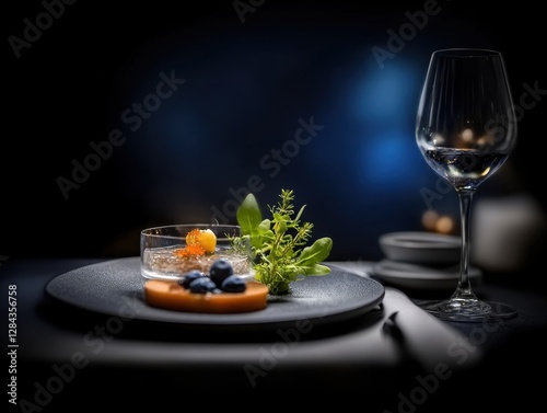 Wallpaper Mural A beautifully arranged gourmet dish with fresh ingredients, garnished creatively, accompanied by a wine glass, set against a dark, atmospheric backdrop. Torontodigital.ca