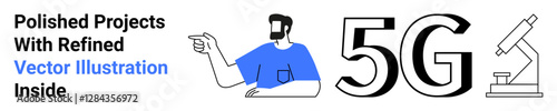 Man pointing, bold 5G text, microscope emphasizing technology development, connectivity, research. Ideal for innovation, science, education, progress telecommunications future flat landing page