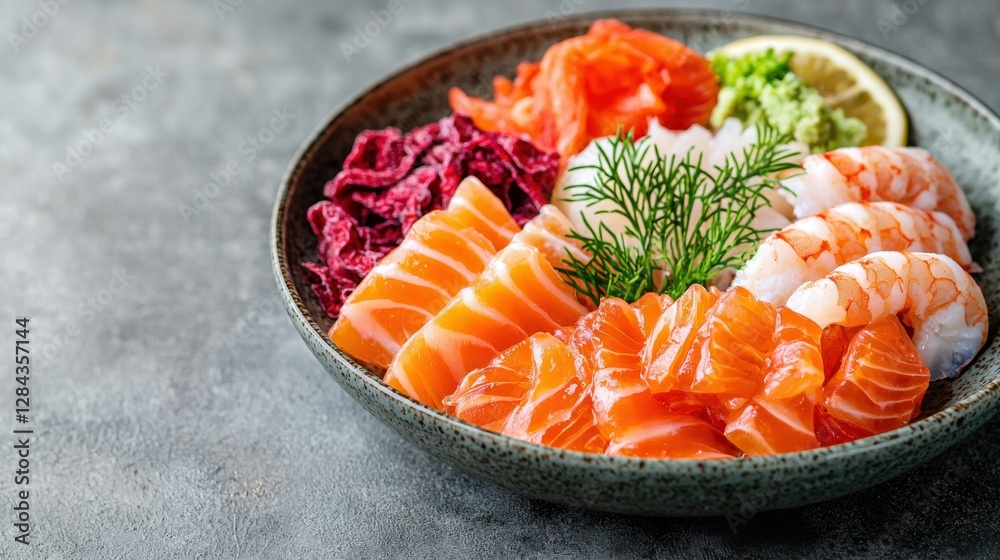A vibrant bowl of fresh seafood featuring salmon, shrimp, and colorful garnishes, perfect for sushi lovers and healthy eating enthusiasts. A vibrant bowl of fresh seafood featuring salmon, shrimp, and colorful garnishes, perfect for sushi lovers and healthy eating enthusiasts.