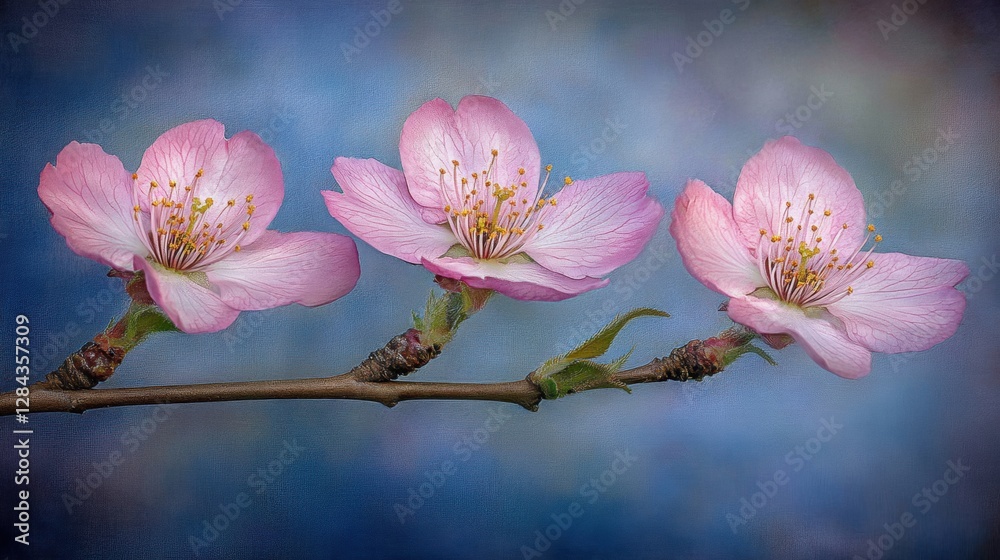 Obraz premium Three Pink Cherry Blossoms on a Twig Against a Mottled Blue Background