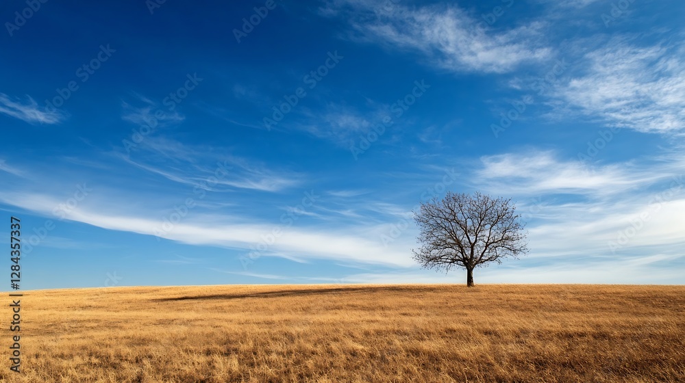 Lone Tree Standing in Golden Grass Field Under Clear Blue Sky : Generative AI Lone Tree Standing in Golden Grass Field Under Clear Blue Sky : Generative AI