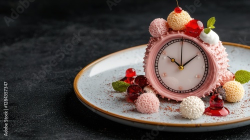 A whimsical dessert shaped like a clock, decorated with colorful sweet toppings, set on a stylish plate against a dark background.