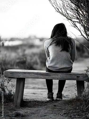 Lonely woman sitting on a bench in a serene outdoor environment reflecting on life : Generative AI