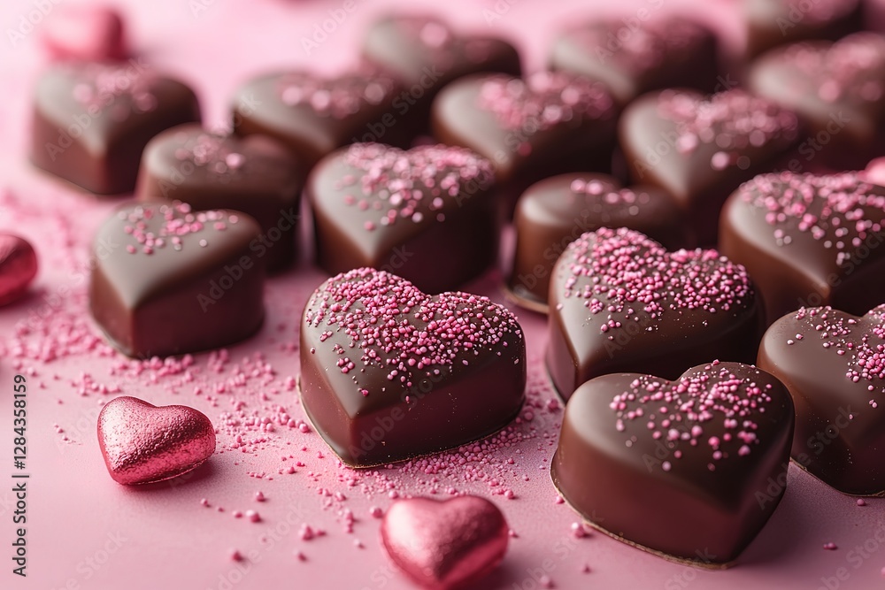 Chocolate hearts with pink sprinkles on a pink backdrop for Valentine's Day showcasing love and sweet treats Chocolate hearts with pink sprinkles on a pink backdrop for Valentine's Day showcasing love and sweet treats