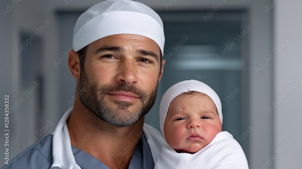 Caring physician holding newborn baby in hospital environment Caring physician holding newborn baby in hospital environment