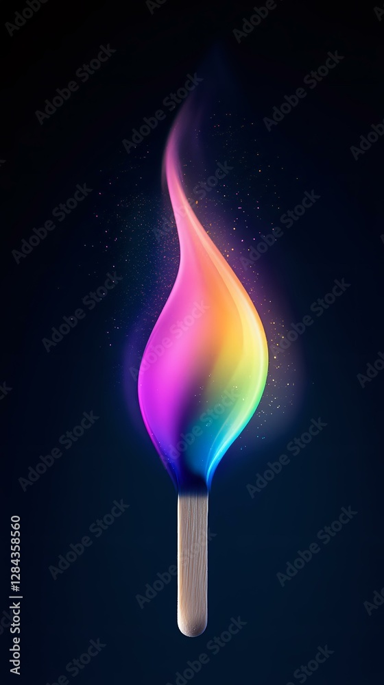 Magical rainbow flame on wooden match stick glowing in dark background with sparkles and gradient colors from pink to blue, creating mystical atmosphere. Magical rainbow flame on wooden match stick glowing in dark background with sparkles and gradient colors from pink to blue, creating mystical atmosphere.