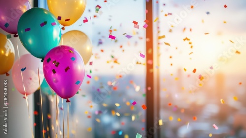 Colorful Balloons and Confetti in an Office Celebrating Work Anniversary Celebration