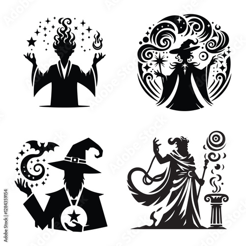 Mystical Magician with Hat and Wand in Dynamic Silhouette Art