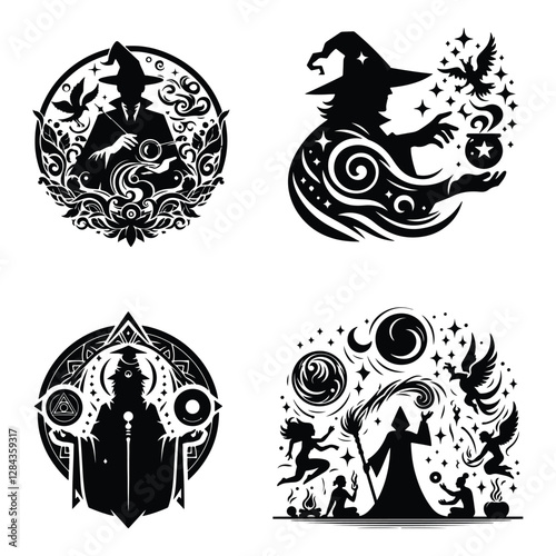 Mystical Magician with Hat and Wand in Dynamic Silhouette Art