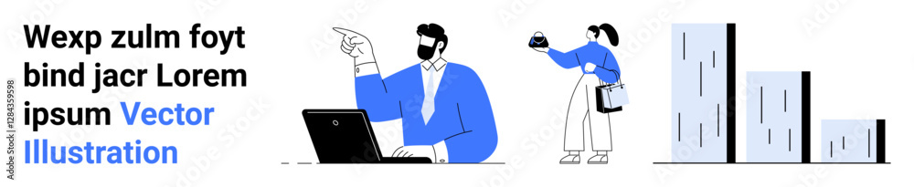 Man in discussion pointing at laptop, woman holding document, bar chart representing analysis. Ideal for teamwork, collaboration, business growth, analytics, reporting, data visualization flat Man in discussion pointing at laptop, woman holding document, bar chart representing analysis. Ideal for teamwork, collaboration, business growth, analytics, reporting, data visualization flat