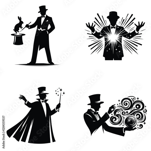 Mystical Magician with Hat and Wand in Dynamic Silhouette Art