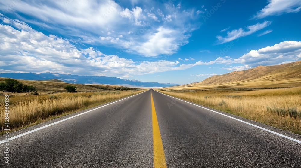 Long and open highway stretching into a clear blue sky surrounded by grassland and mountains : Generative AI Long and open highway stretching into a clear blue sky surrounded by grassland and mountains : Generative AI