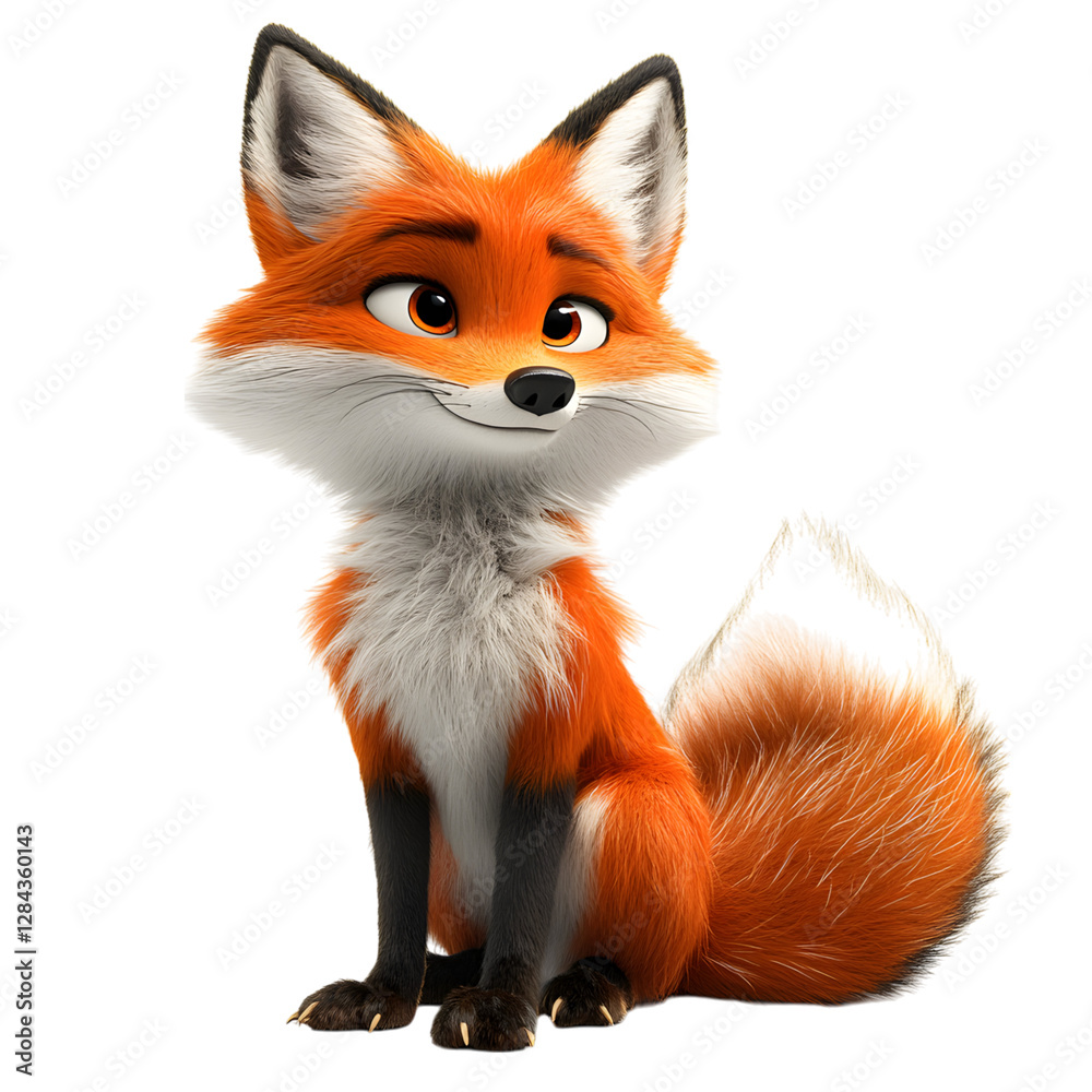 Fototapeta premium A Fluffy 3D Cartoon Fox Sitting Down Isolated on Transparent Background