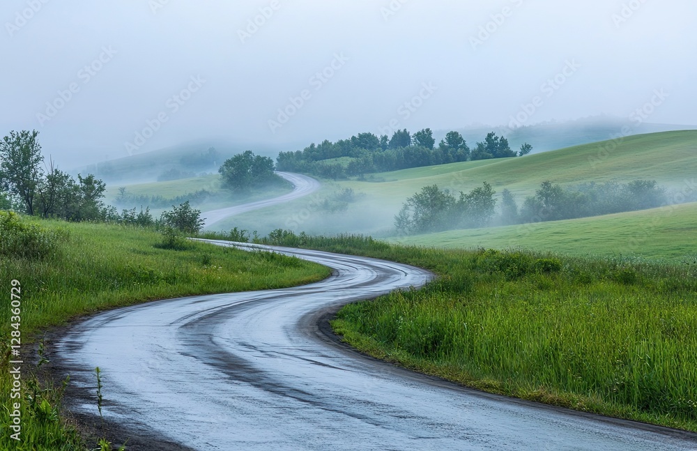 A winding asphalt road marked by white lines stretches through a lush green field shrouded in dense fog. The serene, tranquil nature of this landscape bathes in the summer morning light. It offers a A winding asphalt road marked by white lines stretches through a lush green field shrouded in dense fog. The serene, tranquil nature of this landscape bathes in the summer morning light. It offers a