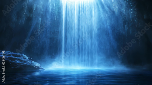 A waterfall cascading inside a cave, illuminated by a soft blue light, creating a mesmerizing and mystical atmosphere. waterfall. illustration. Mystical Waterfall Cave. Illustration
