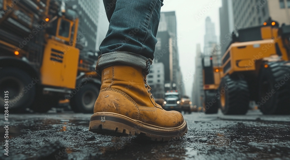 Construction Worker Boot Standing on Wet City Street with Heavy Equipment Construction Worker Boot Standing on Wet City Street with Heavy Equipment